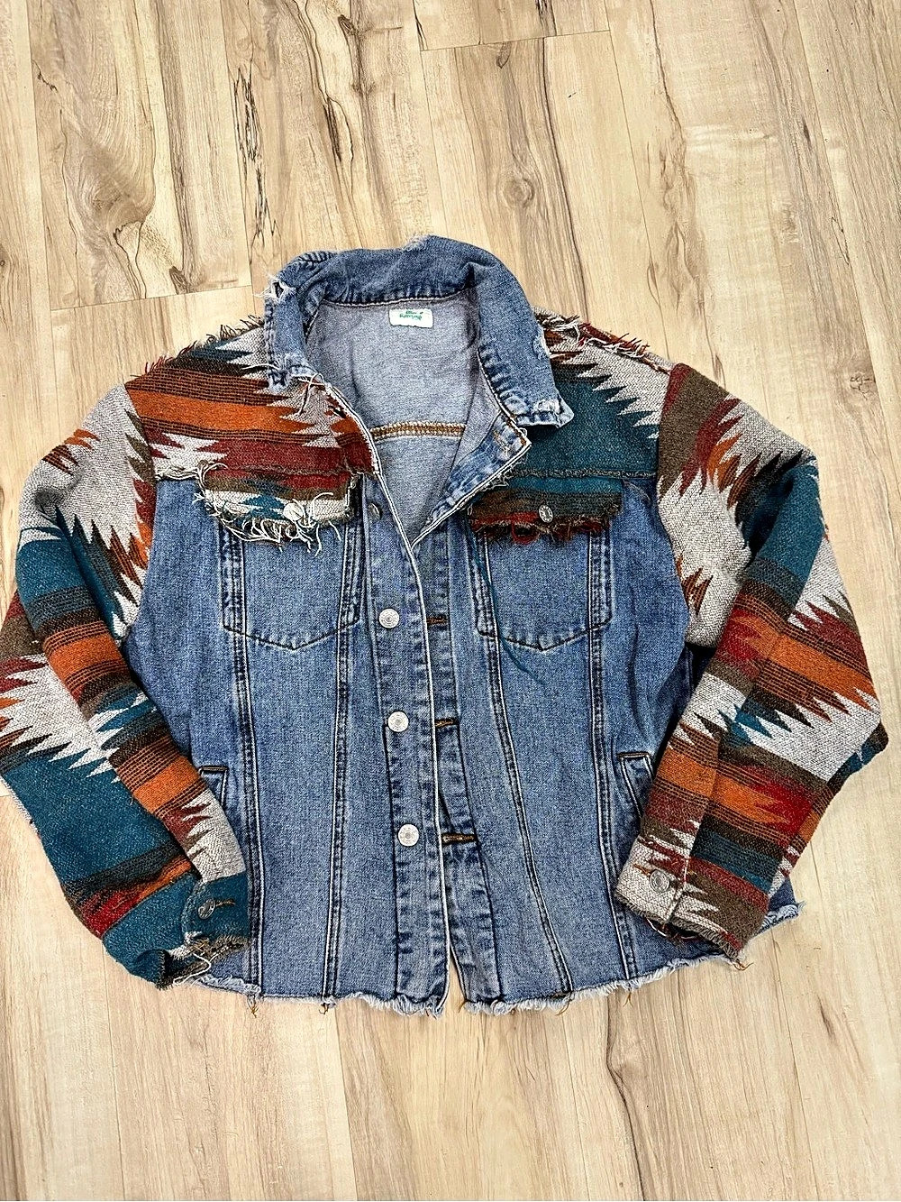 Denim Jacket with Southwestern Print Sleeves in Blue & Multi Aztec